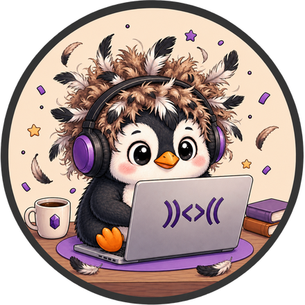 Jeffran, a molting penguin in purple headphones, coding on a laptop with the ))<>(( logo.
